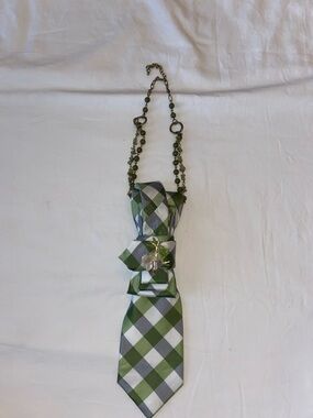 Green and White Plaid Necktie Necklace with Butterfly